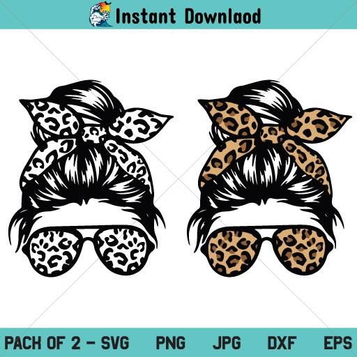Leopard Mom Skull SVG, Messy Bun Leopard Bandana Glasses SVG, Mom Life Messy Bun Leopard Print SVG, PNG, DXF, Cricut, Cut File