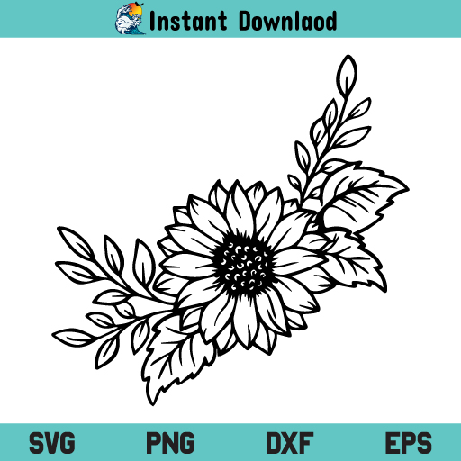 Sunflower With Leaves SVG, Sunflower With Leaves SVG File, Sunflower With Leaves SVG Design, Sunflower SVG, Leaves SVG, Sunflower Floral Border SVG, Sunflower With Leaves, SVG, PNG, DXF, Cricut, Cut File