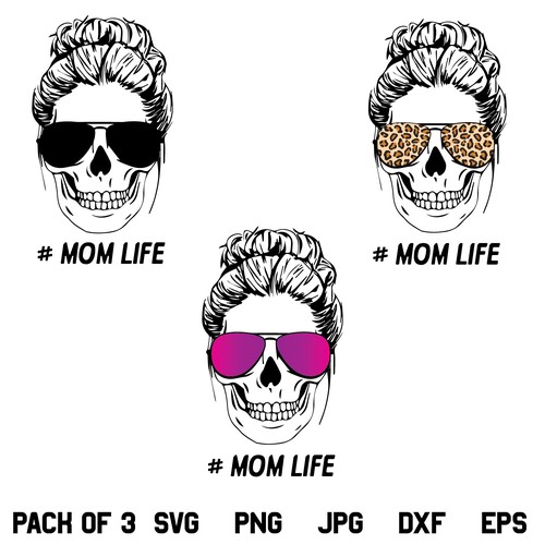 Mom Life SVG, Mom Skull with Glasses SVG, Mom life Skeleton SVG, Mom Skull SVG, Mom Bun SVG, Messy Bun SVG, Messy Hair Bundle SVG, PNG, DXF, Cricut, Cut File