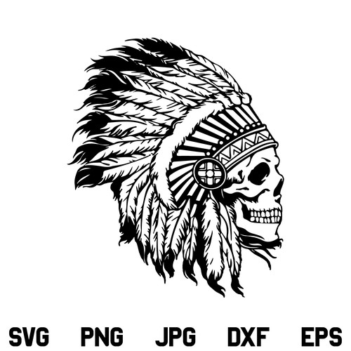 Cherokee Indian Skull SVG, Cherokee Indian Skull SVG File, Headdress SVG, Native American Indian Skull Headdress SVG, Cherokee Skull SVG, Indian Skull Feathers SVG, PNG, DXF, Cricut, Cut File