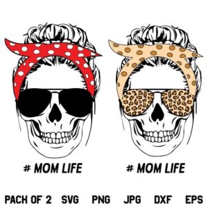Mom Life Skull with Bandana SVG, Mom Skeleton SVG, Skull with Bandana SVG, Skull SVG, Skull Girl SVG, Mom Life Skull SVG, Messy Bun SVG, Messy Bun with Leopard Glasses SVG, Skull with Bandana SVG, PNG, DXF, Cricut, Cut File